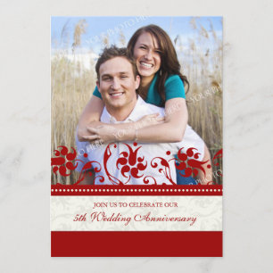 Red Floral Photo 5e anniversaire Invitation