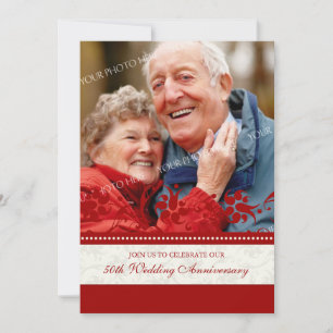 Red Floral Photo Invitation du 50e anniversaire