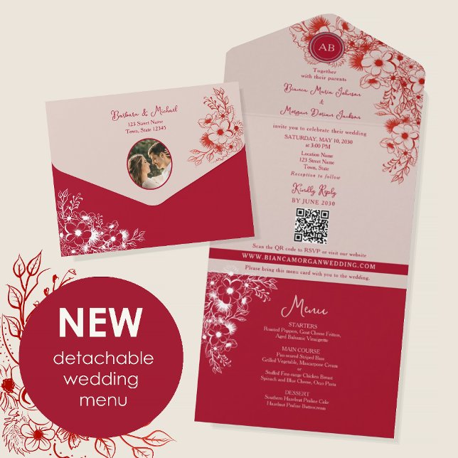 Red Floral Photo Wedding All In One Einladung (Von Creator hochgeladen)
