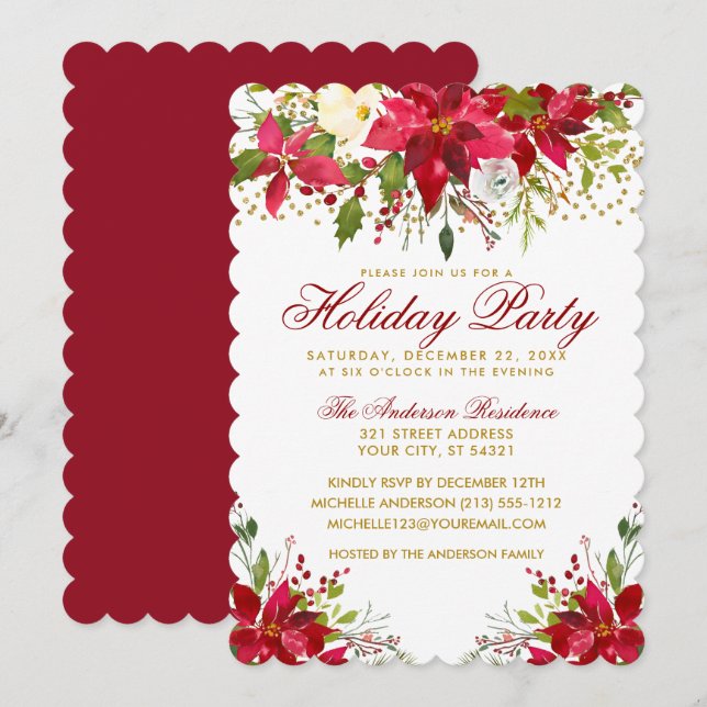 Red Floral Poinsettia Gold Glitzer Einladung (Vorne/Hinten)