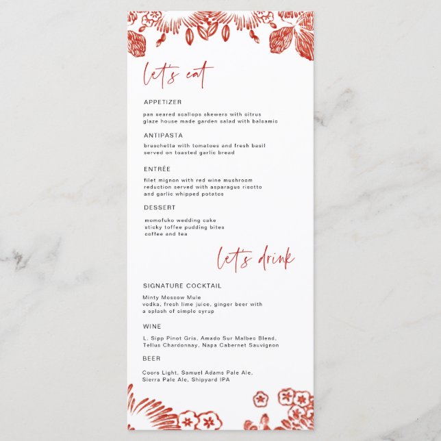 Red Floral Portugal Keramik | Hochzeit Menükarte (Vorderseite)