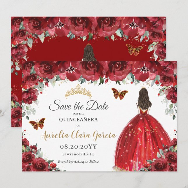 Red Floral Princess Gold Quinceañera Save the Date (Vorne/Hinten)
