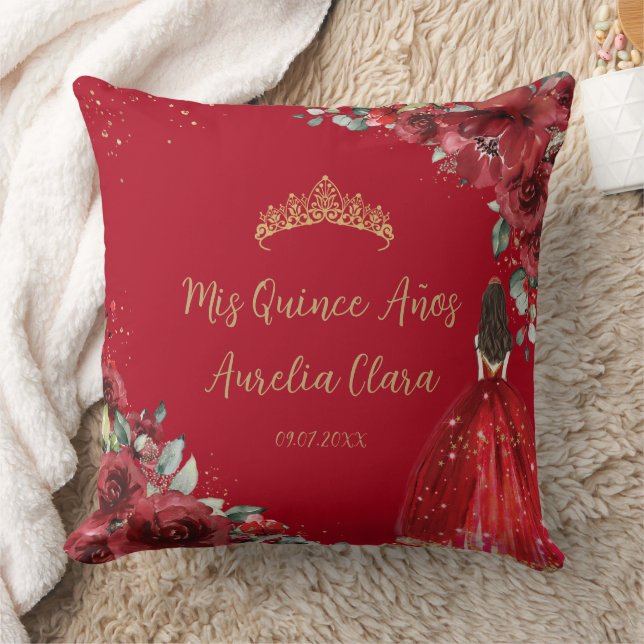 Red Floral Princess Gold Quinceñera Keepake Kissen (Decke)