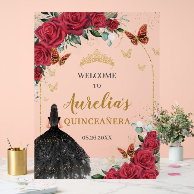 Red Floral Quinceañera Black Dress Schmetterlinge Acrylschild (Hochzeit)