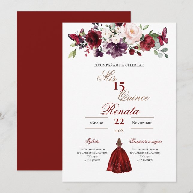 Red Floral Quinceañera Invitation Spanish  Einladung (Vorne/Hinten)