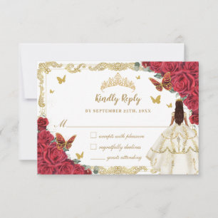 Red Floral Quinceañera Ivory White Dress Princess RSVP Karte