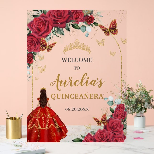 Red Floral Quinceañera Princess Gold Butterfliegen Acrylschild (Hochzeit)