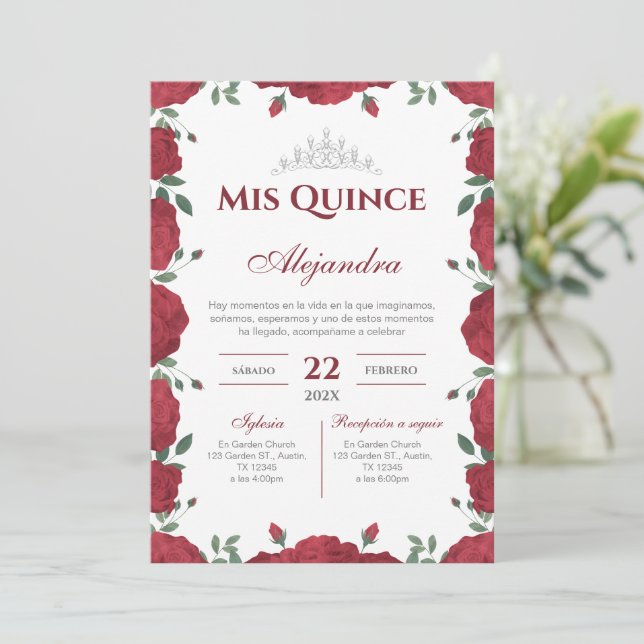 Red Floral Quinceañera Spanish  Einladung (Stehend Vorderseite)
