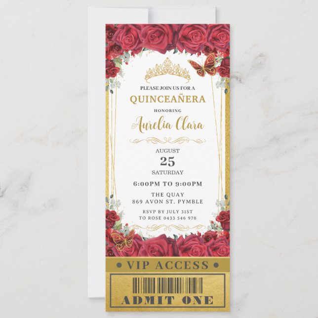 Red Floral Rose Quinceañera Sweet 16 VIP Ticket Einladung (Vorderseite)