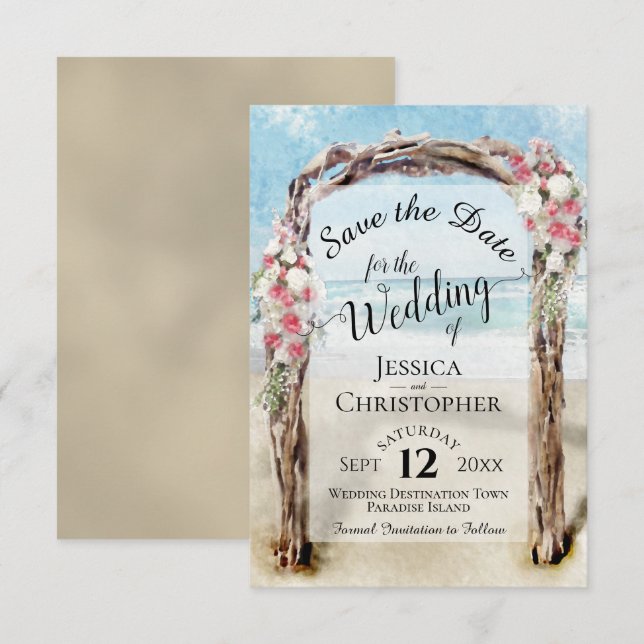 Red Floral Rustic Driftwood Beach Arbor Hochzeit Save The Date (Vorne/Hinten)