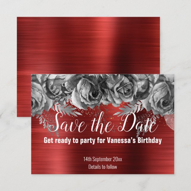 RED FLORAL SAVE THE DATE RSVP CARD KARTE (Vorne/Hinten)