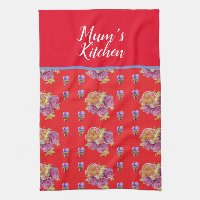 Red Floral Shabby Chic Rose Rose Mums Kitchenette  Geschirrtuch (Vertikal)