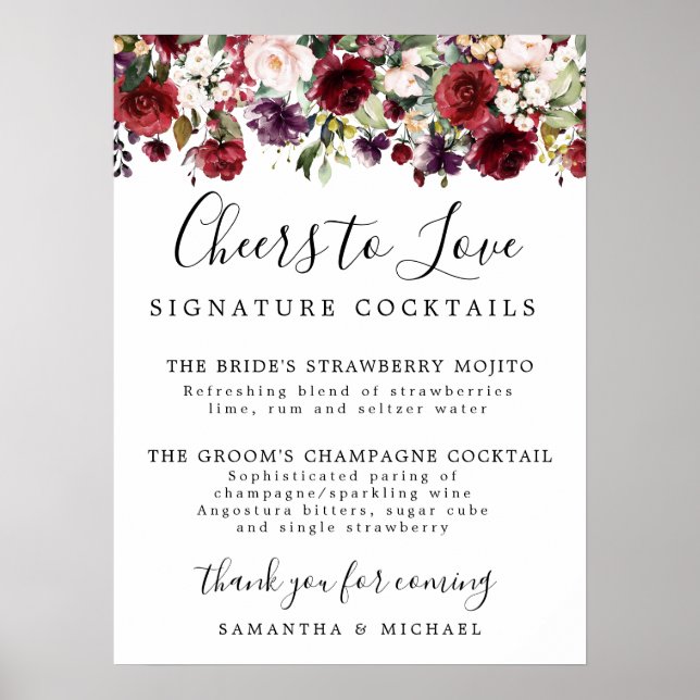 Red Floral Signature Cocktails Hochzeitszeichen Ba Poster (Vorne)