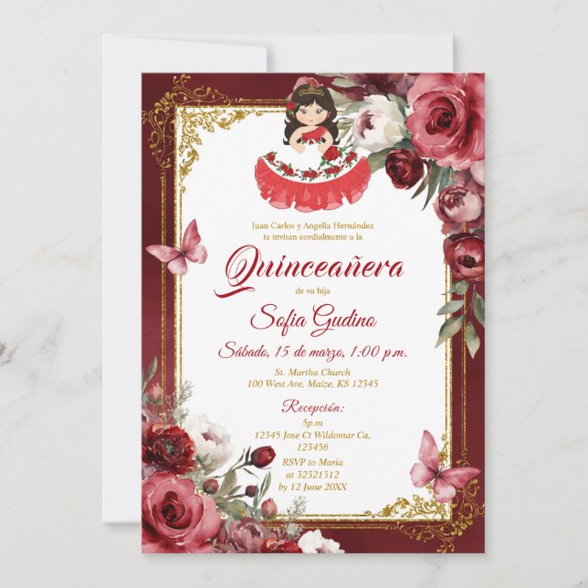 RED Floral Spanish Niedlich Girl Quinceañera Butte Einladung (Vorderseite)