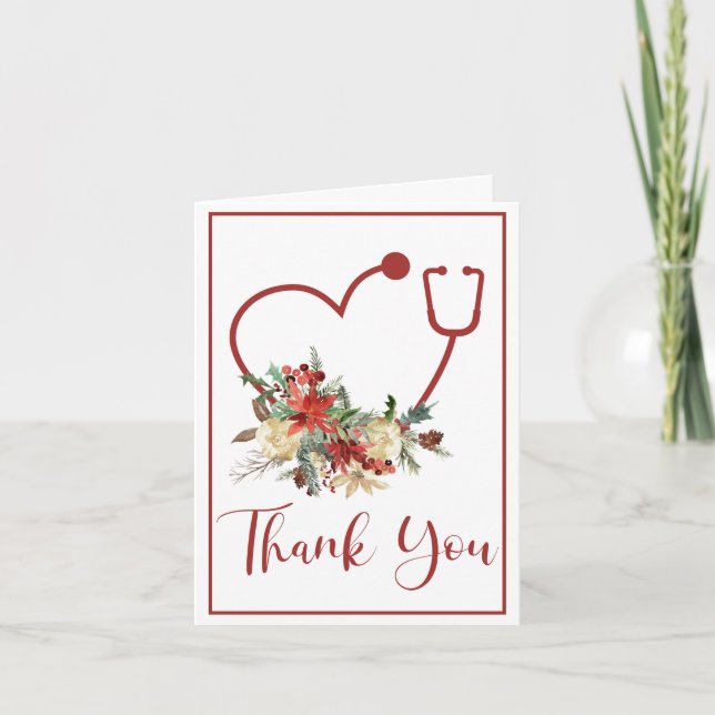 Red Floral Stethoscope Herzlichen Dank Dankeskarte (Vorderseite)