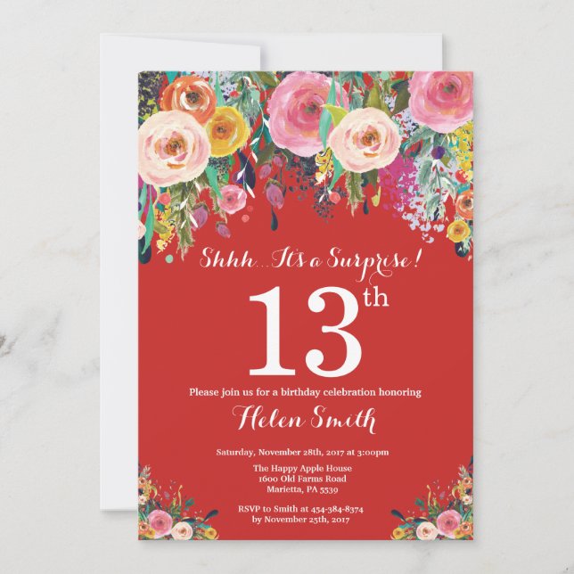Red Floral Surprise 13e anniversaire Invitation (Devant)