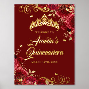 Red Floral Swirl Quinceanera Welcome Sign Gold Foliendrucke