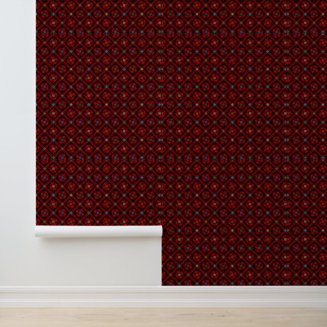 Red Floral Tatreez Pattern Henna Falastin Tapete (Anwendung)