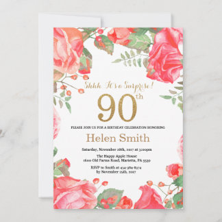 Red Floral Überraschung 90. Geburtstag Gold Glitze Einladung