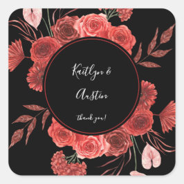 Red Floral Vielen Dank - Black Quadratischer Aufkleber