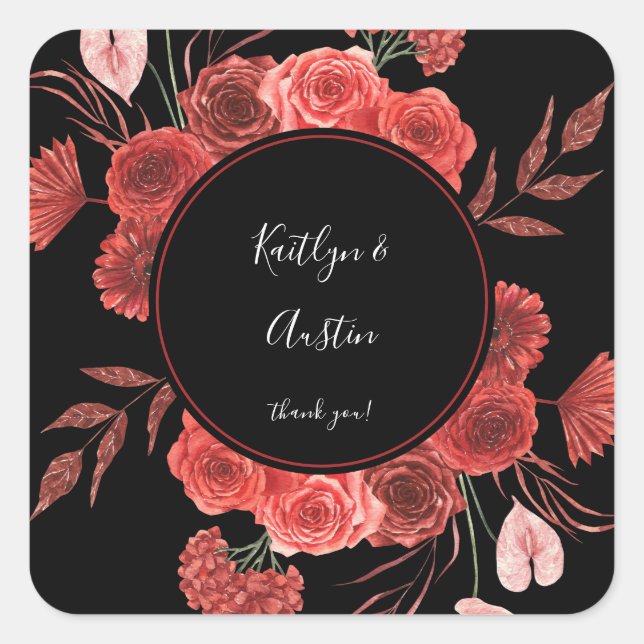 Red Floral Vielen Dank - Black Quadratischer Aufkleber (Vorderseite)