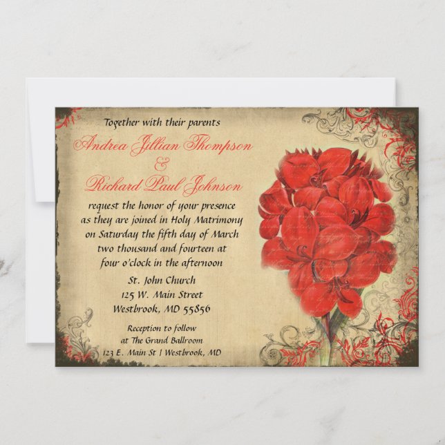 Red Floral Vintage Wedding Invitation (Devant)