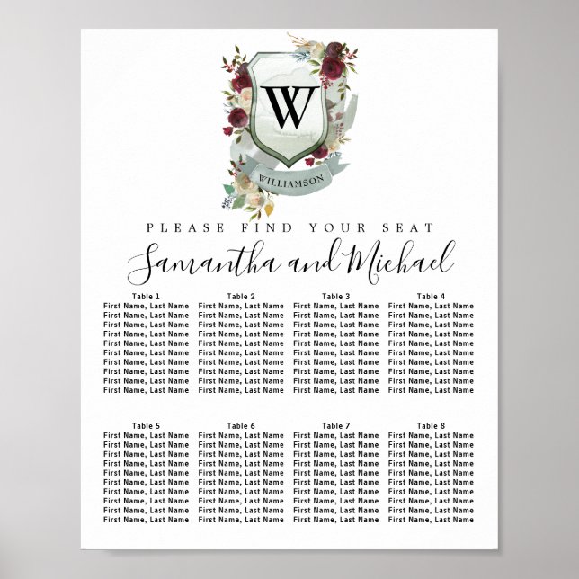 Red Floral Wappen 8-Tisch Hochzeitskarte Poster (Vorne)