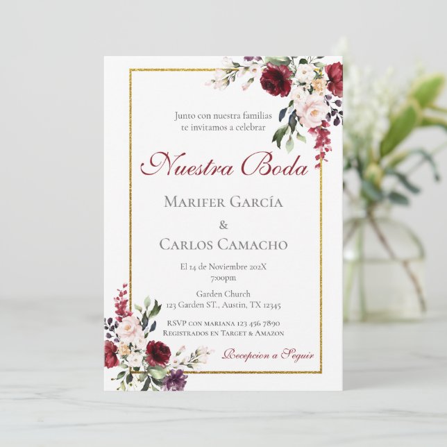 Red Floral Wedding invitation Invitación boda espa Einladung (Stehend Vorderseite)