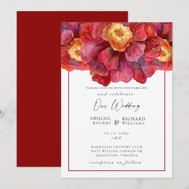 Red Floral Wedding Toskana Bold und lebendiger Inv Einladung (Vorne/Hinten)