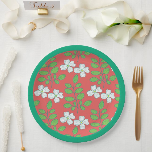  Red Floral White Blossoms & Green Leaves Pappteller (Hochzeit)