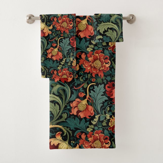 Red Floral William Morris print Badhandtuch Set (Insitu)