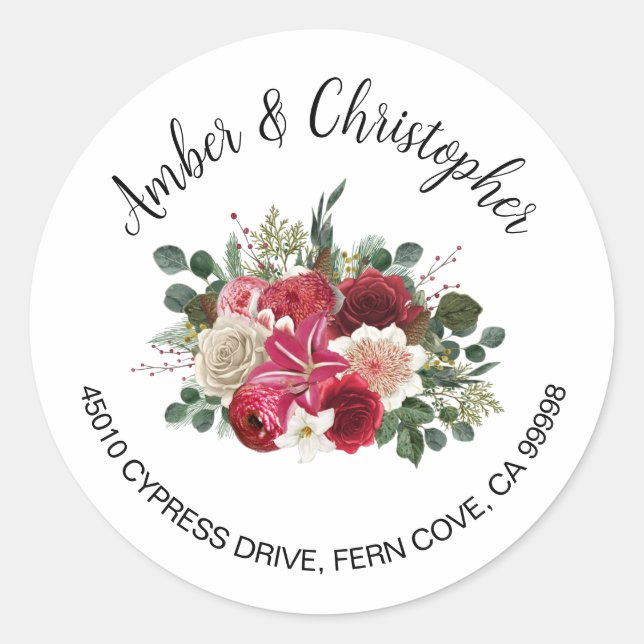 Red Floral Winter Wedding Address Umschlag Aufkleb Runder Aufkleber (Vorderseite)