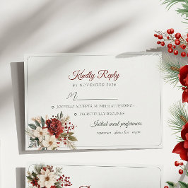 Red Floral Winter Wedding RSVP Card Karte