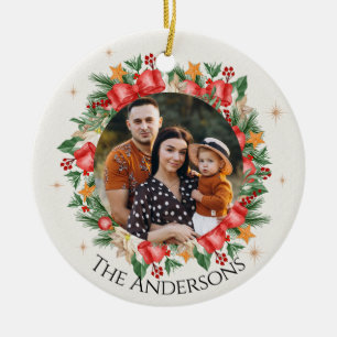 Red Florals Family Foto Frohe Weihnachten Keramik Ornament