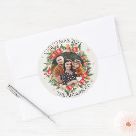 Red Florals Family Foto Frohe Weihnachten Runder Aufkleber