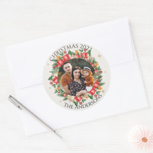 Red Florals Family Foto Frohe Weihnachten Runder Aufkleber