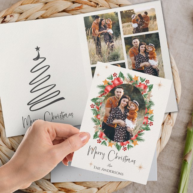 Red Florals Multi Family Fotos Frohe Weihnachten Karte (Red Florals Multi Family Photos Merry Christmas Card)