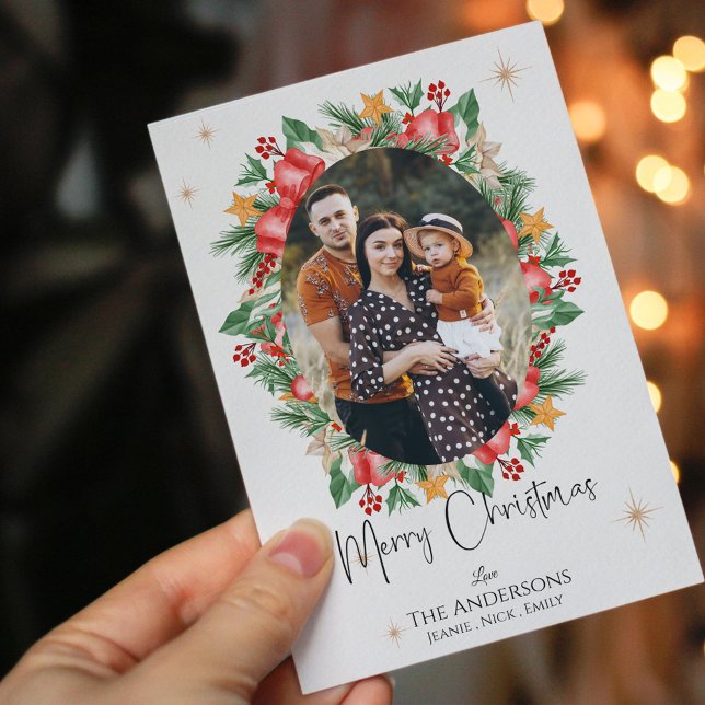 Red Florals Multi Family Fotos Frohe Weihnachten Postkarte (Red Florals Multi Family Photos Merry Christmas Postcard)