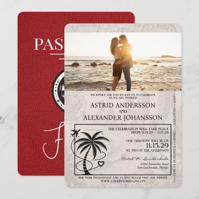 Red Florida Passport Hochzeitseinladung Einladung (Vorne/Hinten)