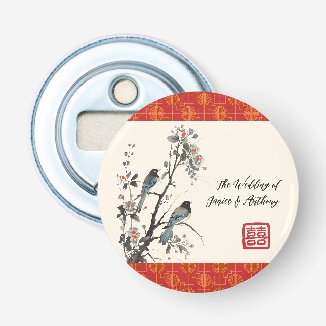 Red flower bird oriental Chinese wedding Flaschenöffner (Vorderseite)