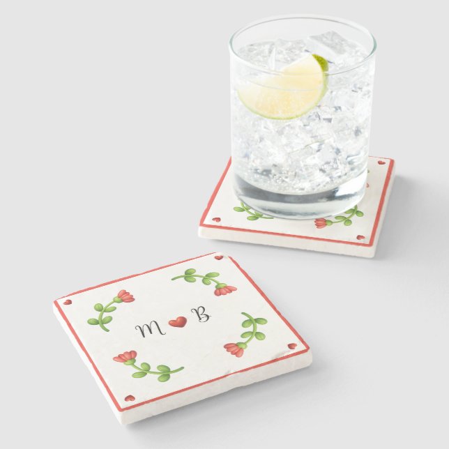 Red Flower Paper – Initials and Heart Design Steinuntersetzer (Seitenansicht)