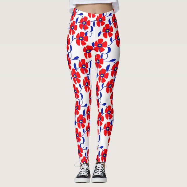 Red Flowers Blue Vines Leggings (Vorderseite)