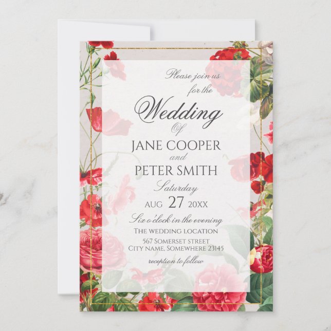 Red flowers bouquet Wedding Invitation Einladung (Vorderseite)