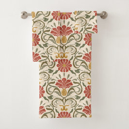 red flowers, green leaves, and yellow accents badhandtuch set