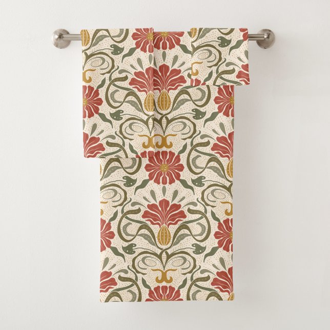 red flowers, green leaves, and yellow accents badhandtuch set (Von Creator hochgeladen)