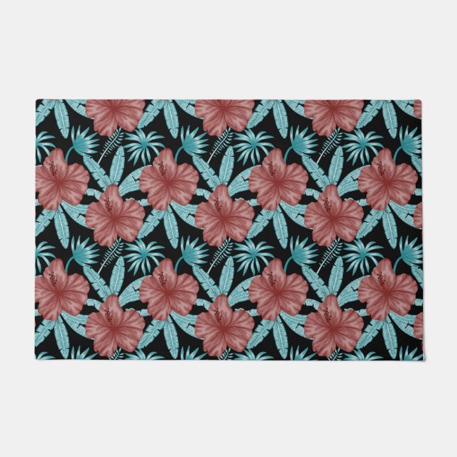 Red flowers tropical seamless pattern &blue leaves fußmatte (Vorderseite)