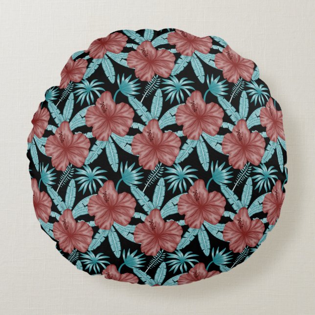 Red flowers tropical seamless pattern &blue leaves rundes kissen (Vorderseite)