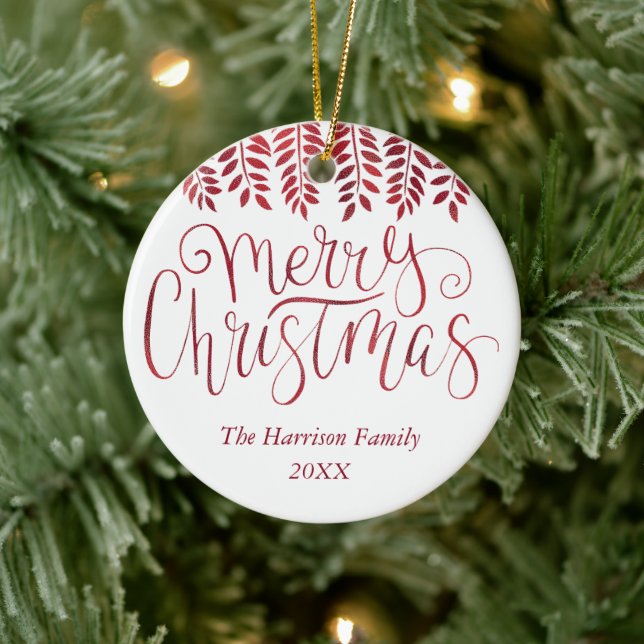 Red Foil Effect Typografie Frohe Weihnachten Keramik Ornament (Baum)
