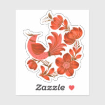 Red Folk Art Bird & Floral Sticker