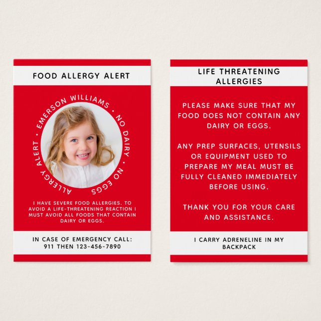 Red Food Allergy Alert Foto Koch Card (Vorne & Hinten)